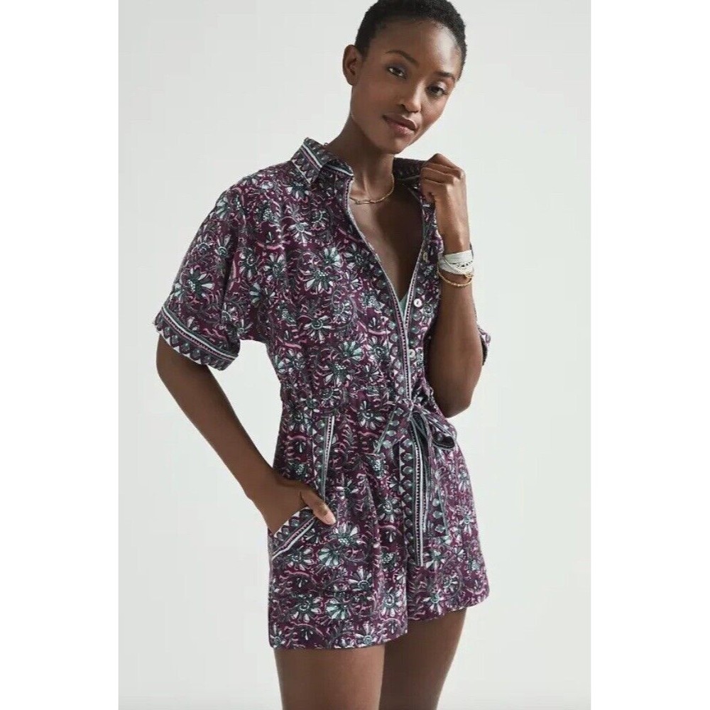 NWT Anthropologie Omika Women Lido Purple Floral Preppy Romper With Tie